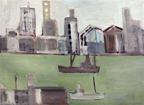§ Patrick Hayman (1915-1988) Ship, River & Tall Buildings, 1962, 12 x 16in.